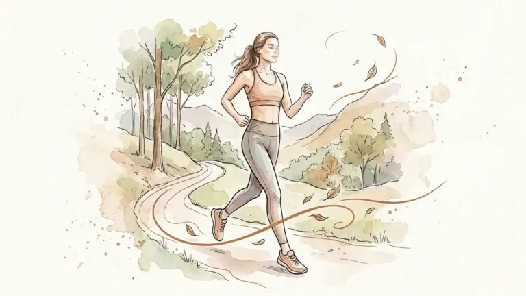 Mujer caminando a paso ligero por un sendero entre árboles, en acuarela: caminar como ejercicio