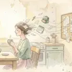 Mujer en acuarela tomando té en la cocina mientras notas, una llave y un calendario salen de su cabeza hacia un tablero familiar, símbolo de dejar de recordar todo en casa