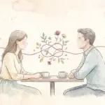 Pareja en acuarela conversando con calma frente a dos tazas, unida por un hilo con un nudo que florece: conflictos de pareja con solución