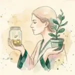 Mujer en acuarela con un frasco de monedas y una planta que crece, símbolo de la diferencia entre ahorrar e invertir